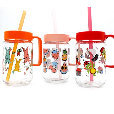 Cană cu pai din sticlă 370ml Herevin