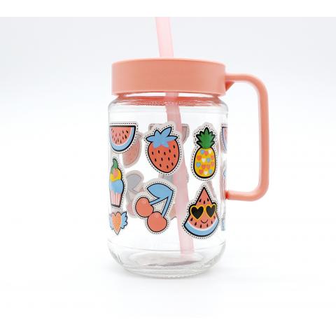 Cană cu pai din sticlă 370ml Herevin